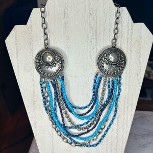 Vintage Boho Multi-Strand Turquoise & Navy Beaded Necklace w/ Silver Medallions